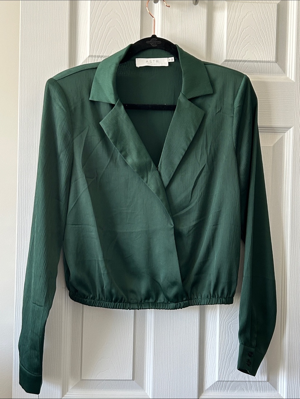 Astr Deep Green Satin-Look Wrap Top